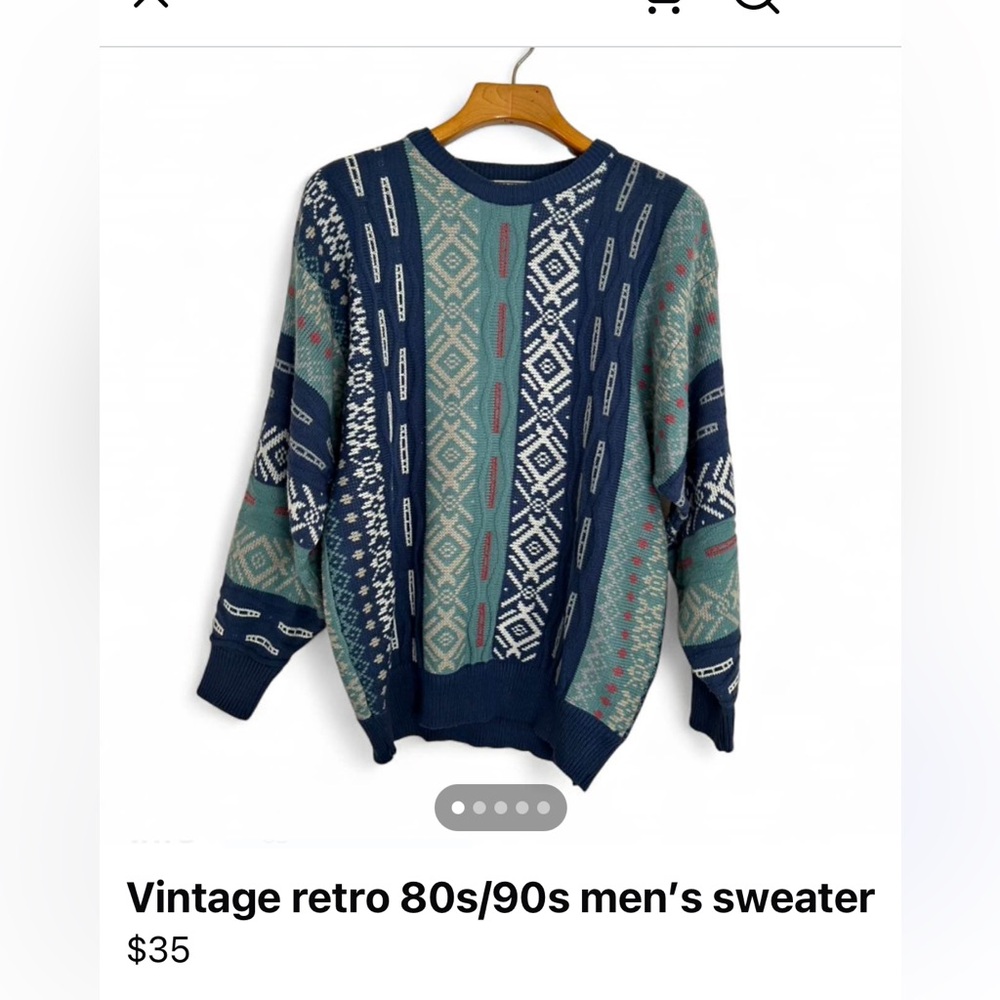 Retro Palmland Men's Sweater - Blue, Pink, and Cream Size L